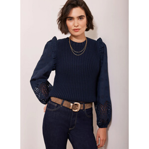 Mint Velvet Navy Cotton Blend Broderie Sleeve Jumper